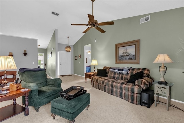 2344 Whispering Maple Dr, Orlando, FL 32837 - carpeted living area with baseboards, a ceiling fan, and high vaulted ceiling