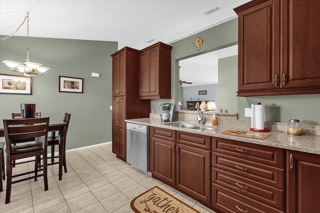 2344 Whispering Maple Dr, Orlando, FL 32837 - kitchen with dishwasher, a sink, light tile patterned flooring, ceiling fan, and light stone countertops