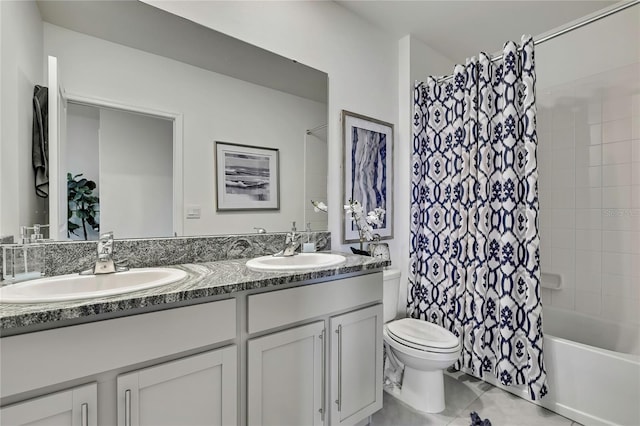 bathroom with toilet, double vanity, shower / tub combo with curtain, and tile patterned flooring