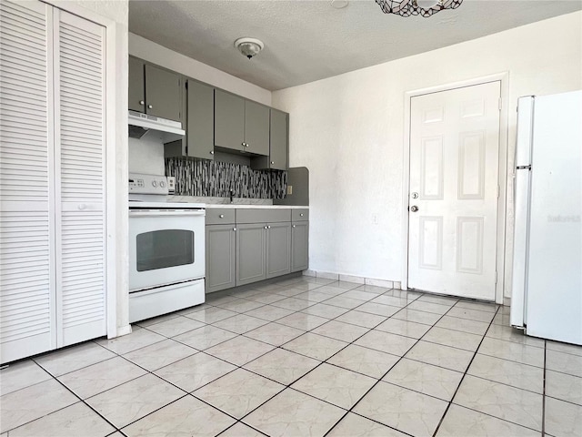 501 Las Palmas Cir Unit 676, Avon Park, FL 33825 - kitchen featuring gray cabinetry, white appliances, under cabinet range hood, light countertops, and decorative backsplash
