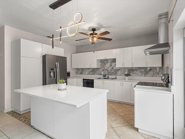 437 Bridgewater Ct, Kissimmee, FL 34758 - kitchen with stainless steel fridge with ice dispenser, wall chimney range hood, a sink, dishwasher, and decorative backsplash