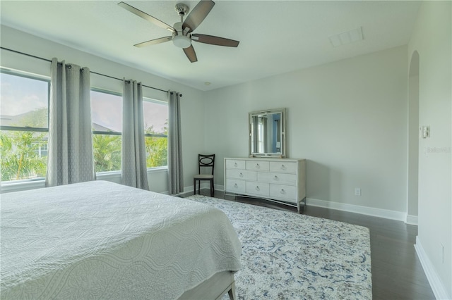 8268 Bellow St, Orlando, FL 32827 - bedroom featuring baseboards, arched walkways, dark wood-style flooring, and multiple windows