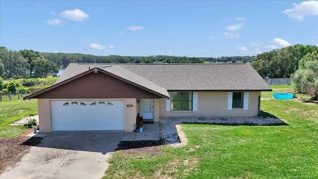 16386 SE 156th Place Rd, Weirsdale, FL 32195 - ranch-style house with stucco siding, driveway, a garage, and a front lawn