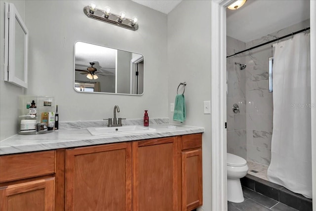 16386 SE 156th Place Rd, Weirsdale, FL 32195 - full bathroom with ceiling fan, toilet, vanity, and a stall shower