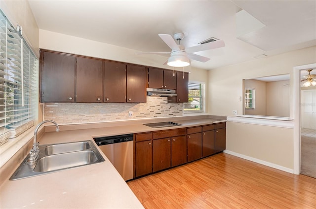 445 Pine Blvd, Merritt Island, FL 32952 - kitchen featuring stainless steel dishwasher, under cabinet range hood, a sink, a ceiling fan, and black electric stovetop