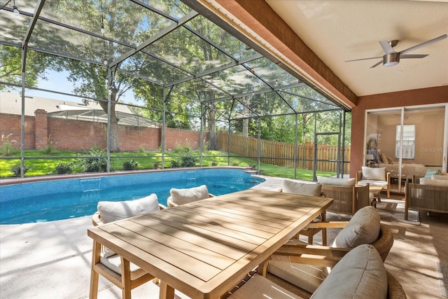 356 Via Tuscany Loop, Lake Mary, FL 32746 - view of swimming pool with a fenced backyard, a patio, a ceiling fan, an outdoor hangout area, and outdoor dining area