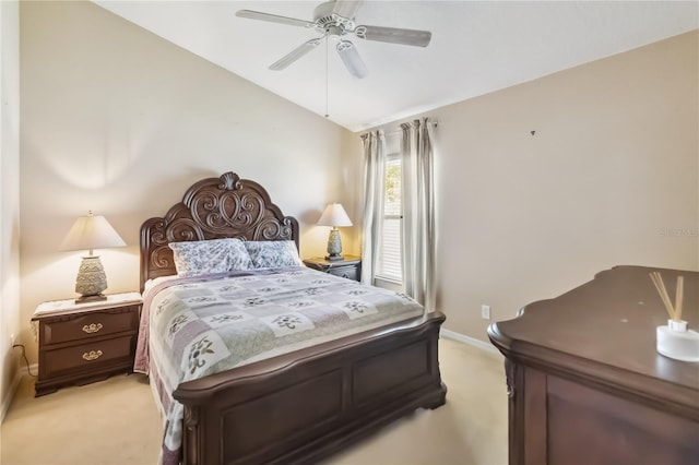 2481 Deer Creek Blvd, Saint Cloud, FL 34772 - bedroom featuring light carpet, vaulted ceiling, baseboards, and ceiling fan