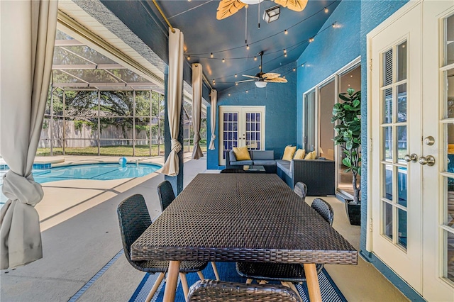 7838 Rollingridge Ct, Orlando, FL 32835 - view of patio / terrace with french doors, ceiling fan, an outdoor hangout area, and a lanai