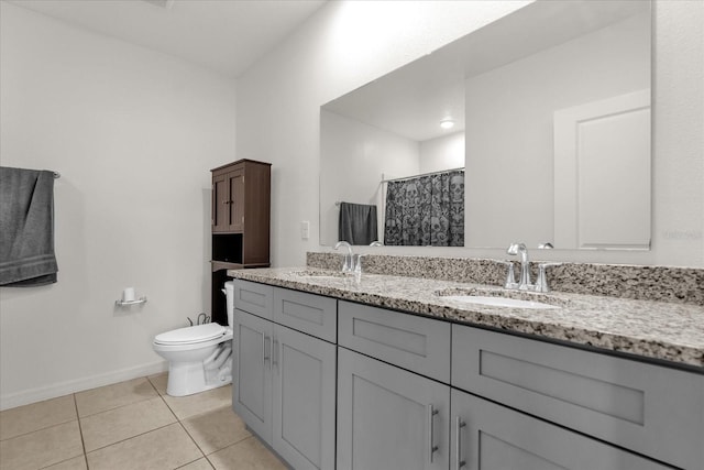 123 Zinnia Ln W, Poinciana, FL 34759 - bathroom featuring double vanity, tile patterned floors, toilet, baseboards, and curtained shower