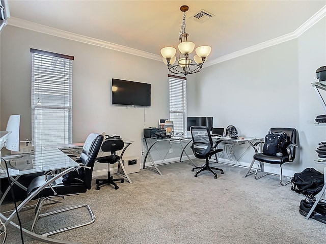 3213 Kentshire Blvd, Ocoee, FL 34761 - carpeted office with crown molding, a chandelier, and baseboards
