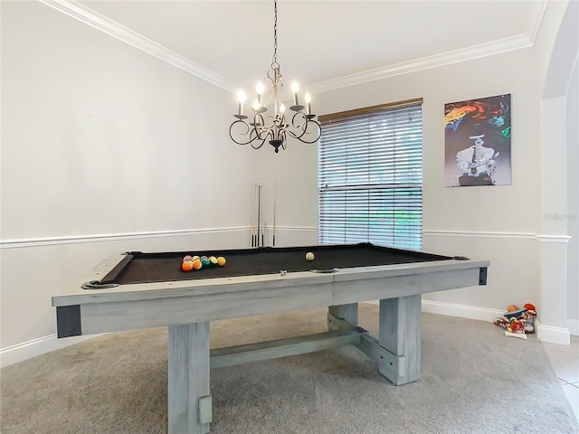 3213 Kentshire Blvd, Ocoee, FL 34761 - recreation room with crown molding, baseboards, pool table, a chandelier, and carpet