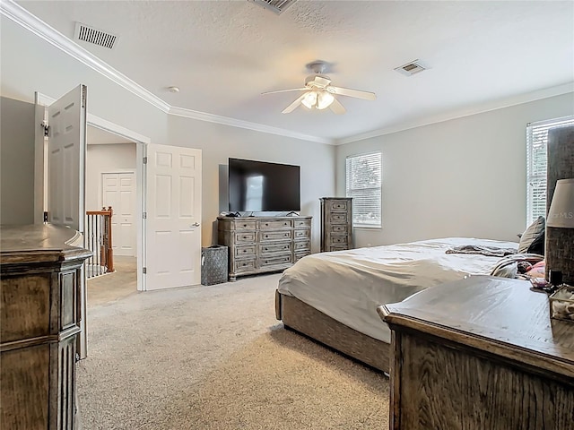 3213 Kentshire Blvd, Ocoee, FL 34761 - bedroom featuring light colored carpet, multiple windows, ornamental molding, and ceiling fan