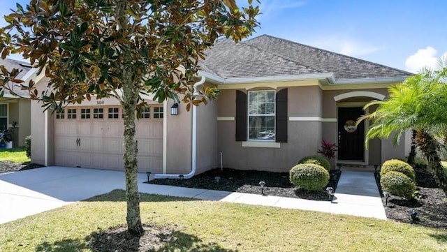 30245 Cheval St, Mount Dora, FL 32757 - ranch-style house with a garage, stucco siding, concrete driveway, roof with shingles, and a front lawn