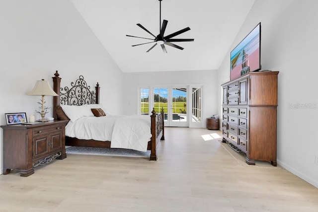 5913 Masters Blvd, Orlando, FL 32819 - bedroom with access to exterior, high vaulted ceiling, light wood-style flooring, a ceiling fan, and baseboards
