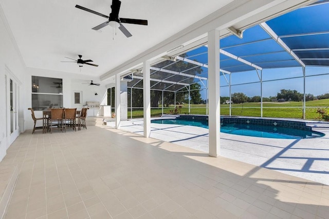 5913 Masters Blvd, Orlando, FL 32819 - outdoor pool with ceiling fan, a patio area, and a lanai
