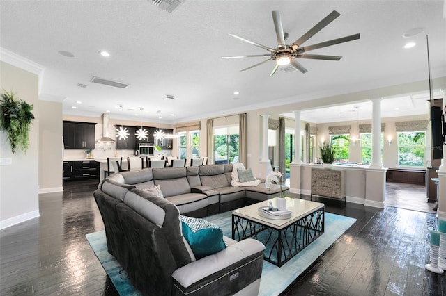 12530 Climbing Vine Ct, Windermere, FL 34786 - living area featuring ornate columns, crown molding, baseboards, healthy amount of natural light, and dark wood finished floors