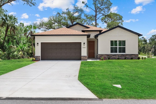 2682 Edwin Ave, North Port, FL 34288 - ranch-style house with stone siding, an attached garage, a front yard, and driveway