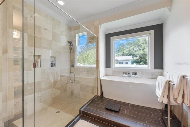 521 S Phelps Ave, Winter Park, FL 32789 - full bath featuring ornamental molding, a freestanding bath, a stall shower, tile walls, and a wainscoted wall
