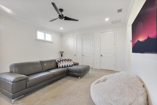521 S Phelps Ave, Winter Park, FL 32789 - living area featuring crown molding, ceiling fan, light carpet, and recessed lighting