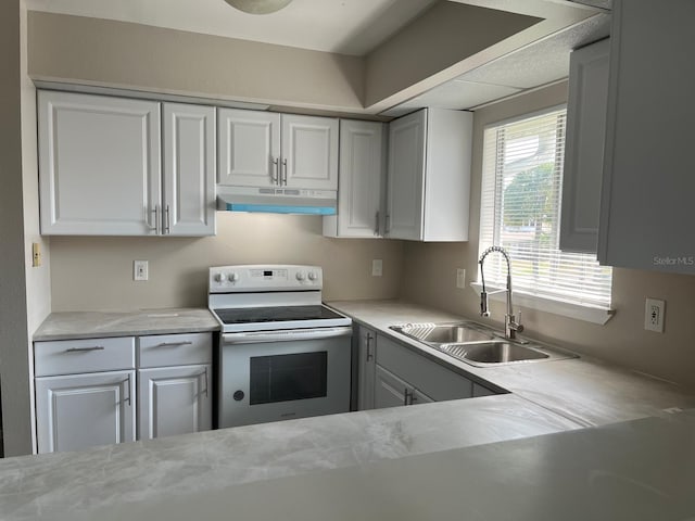 4596 Pheasant Run Dr Unit C, Orlando, FL 32808 - kitchen with electric range, under cabinet range hood, a sink, and white cabinetry