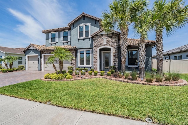 29043 Picana Ln, Wesley Chapel, FL 33543 - view of front of house featuring stucco siding, a tile roof, decorative driveway, stone siding, and a garage
