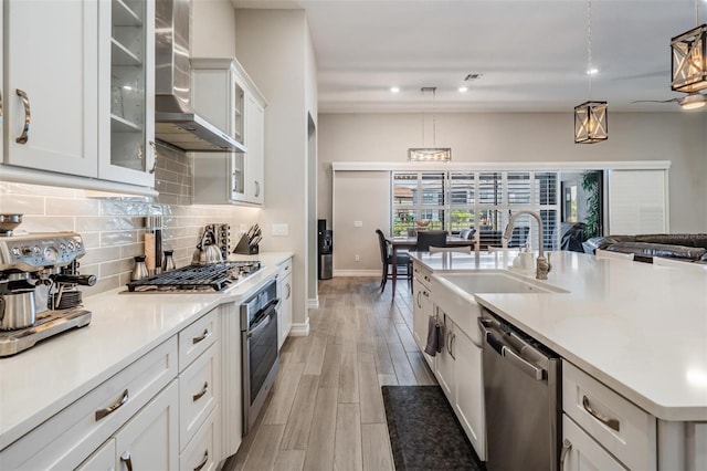 29043 Picana Ln, Wesley Chapel, FL 33543 - kitchen with wall chimney range hood, appliances with stainless steel finishes, a sink, light countertops, and baseboards