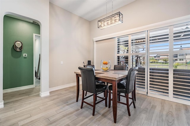 29043 Picana Ln, Wesley Chapel, FL 33543 - dining room featuring light wood-style floors, baseboards, and arched walkways