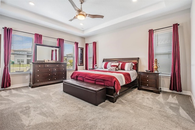 29043 Picana Ln, Wesley Chapel, FL 33543 - bedroom featuring carpet floors, baseboards, a raised ceiling, recessed lighting, and ceiling fan