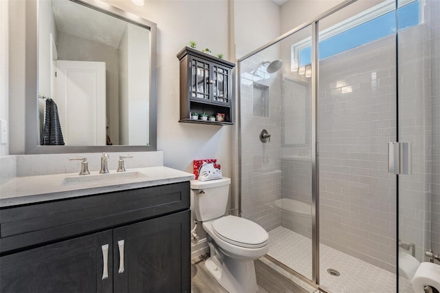 29043 Picana Ln, Wesley Chapel, FL 33543 - full bath with toilet, vanity, a stall shower, and wood finished floors