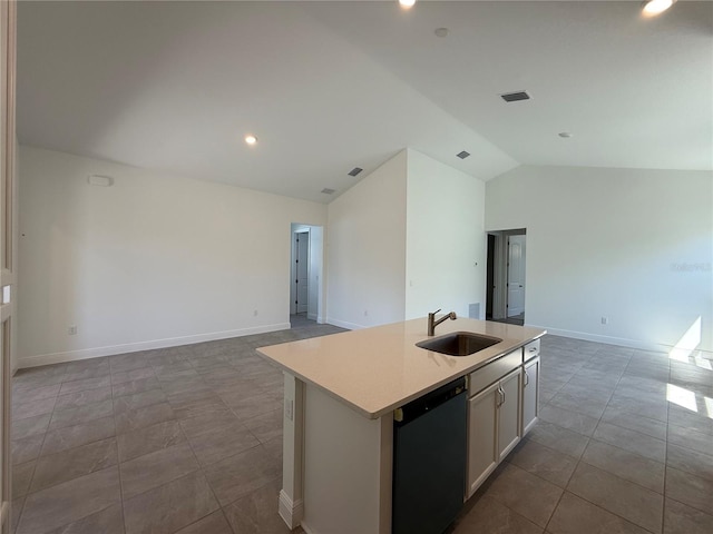 931 Azalea Walk Cir, Deland, FL 32724 - kitchen featuring a sink, dishwasher, open floor plan, lofted ceiling, and a kitchen island with sink