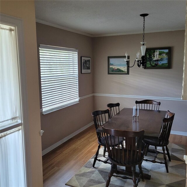 8539 Clematis Ln, Orlando, FL 32819 - dining space featuring wood finished floors, a chandelier, baseboards, crown molding, and a textured ceiling