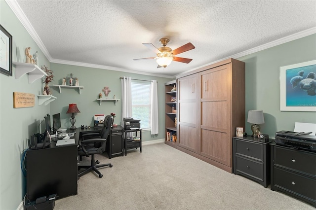 7003 Cupseed Ln, Harmony, FL 34773 - home office with ceiling fan, crown molding, light colored carpet, and a textured ceiling