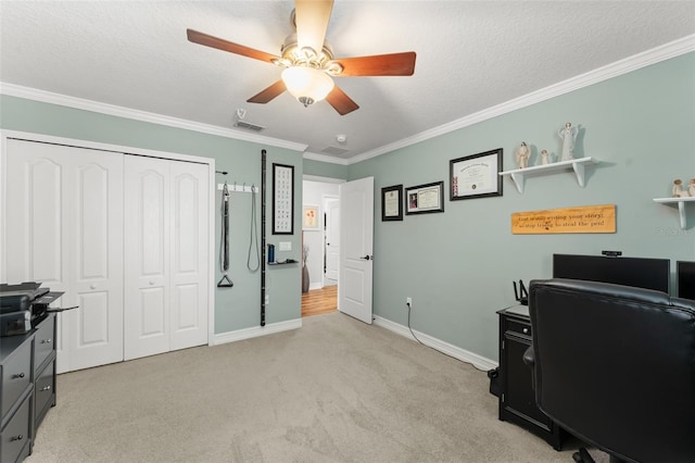 7003 Cupseed Ln, Harmony, FL 34773 - office area featuring a ceiling fan, crown molding, baseboards, light colored carpet, and a textured ceiling