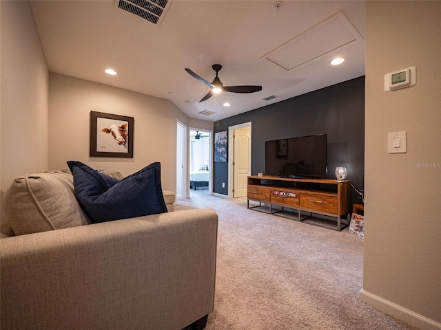 391 Cape Honeysuckle Pl, Sanford, FL 32771 - living room with carpet, a ceiling fan, recessed lighting, and baseboards