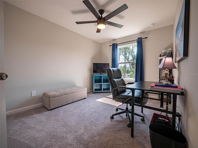 391 Cape Honeysuckle Pl, Sanford, FL 32771 - carpeted home office featuring a ceiling fan and baseboards