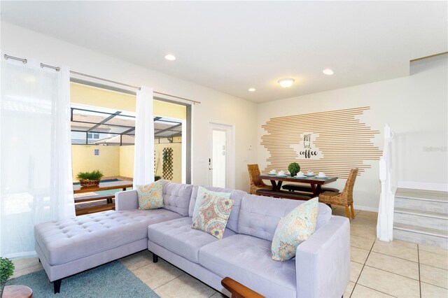 1979 Majorca Dr, Kissimmee, FL 34747 - living area featuring light tile patterned floors, recessed lighting, and stairs