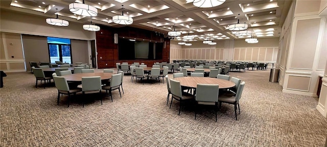 6129 Citrus Grove Ct, Saint Cloud, FL 34771 - carpeted dining space featuring a decorative wall, coffered ceiling, a high ceiling, beam ceiling, and recessed lighting