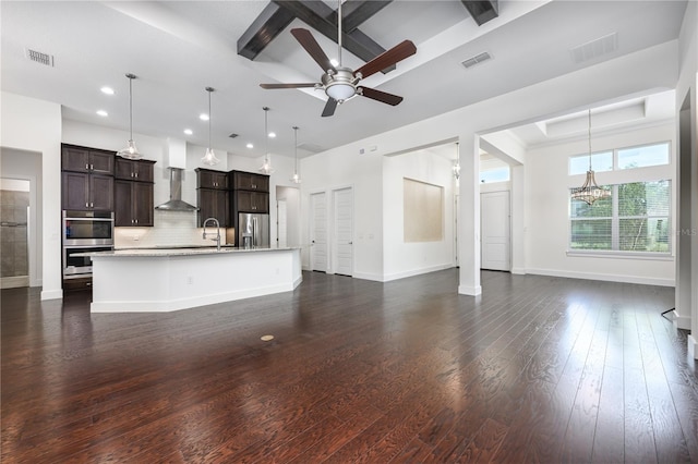 25859 Crossings Bluff Ln, Sorrento, FL 32776 - unfurnished living room with recessed lighting, a ceiling fan, baseboards, a chandelier, and dark wood finished floors
