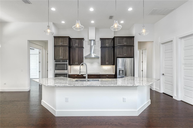 25859 Crossings Bluff Ln, Sorrento, FL 32776 - kitchen with appliances with stainless steel finishes, a sink, decorative backsplash, baseboards, and dark wood-style floors