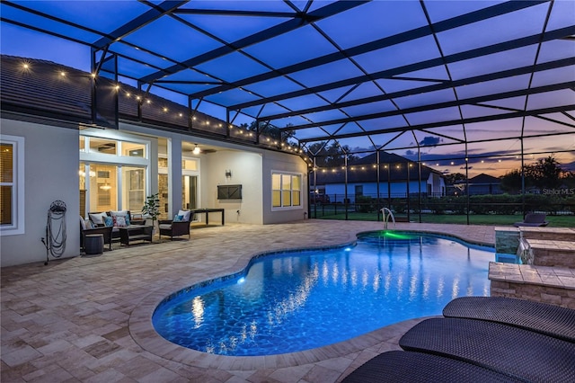 25859 Crossings Bluff Ln, Sorrento, FL 32776 - view of pool with an outdoor hangout area, a patio, ceiling fan, and a lanai