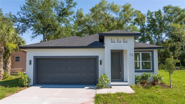 33 W 7th St, Apopka, FL 32703 - view of front of home with stucco siding, a shingled roof, a garage, and driveway