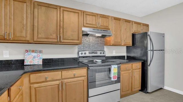 648 Kenwick Cir Unit 102, Casselberry, FL 32707 - kitchen with stainless steel appliances, under cabinet range hood, baseboards, brown cabinetry, and dark stone counters
