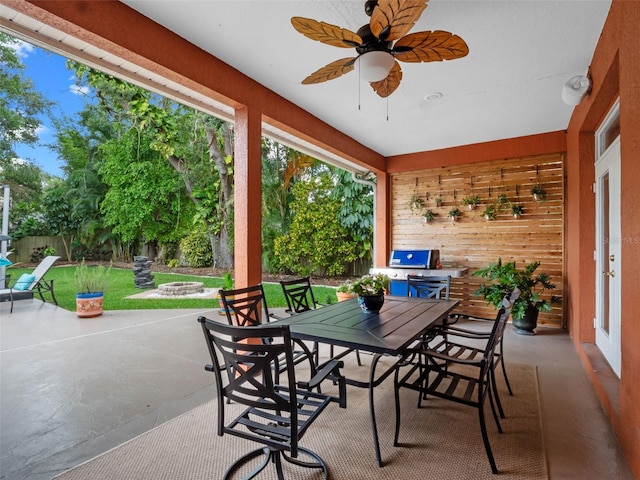 3518 Edlingham Ct, Belle Isle, FL 32812 - view of patio with an outdoor fire pit, outdoor dining space, a ceiling fan, and grilling area