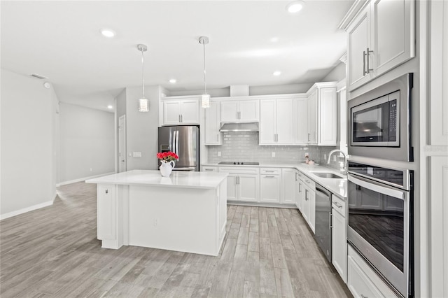 5641 Oak Knoll Dr, Saint Cloud, FL 34771 - kitchen with appliances with stainless steel finishes, light wood finished floors, a sink, under cabinet range hood, and decorative backsplash