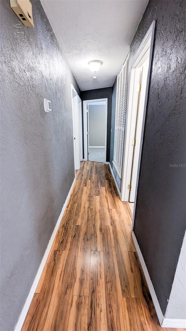 2928 NE 14th Ave, Ocala, FL 34479 - hallway with hardwood / wood-style floors, baseboards, a textured wall, and a textured ceiling