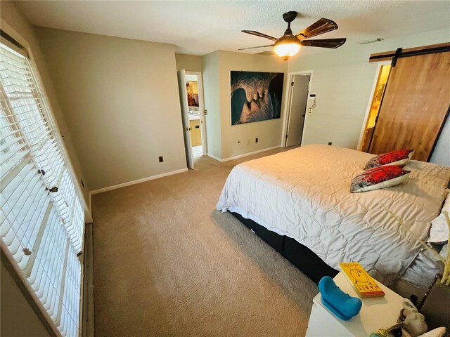 3565 E Lake Dr, Land O Lakes, FL 34639 - carpeted bedroom featuring a barn door, baseboards, multiple windows, and ceiling fan