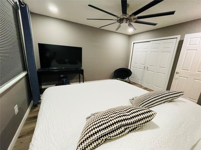 3565 E Lake Dr, Land O Lakes, FL 34639 - bedroom with wood finished floors, baseboards, a closet, and a ceiling fan