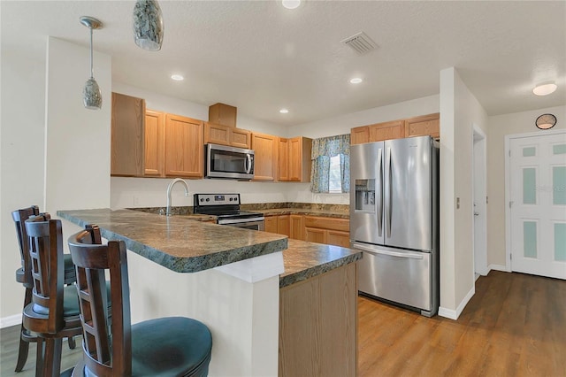 106 Turtle Run, Umatilla, FL 32784 - kitchen featuring appliances with stainless steel finishes, a peninsula, wood finished floors, dark countertops, and a sink