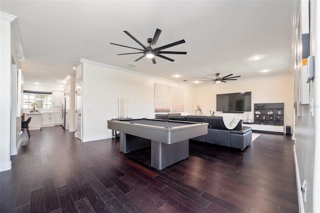 152 Riggings Way, Clermont, FL 34711 - game room featuring ceiling fan, crown molding, dark wood-type flooring, pool table, and baseboards
