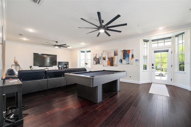 152 Riggings Way, Clermont, FL 34711 - recreation room with ornamental molding, billiards table, a ceiling fan, plenty of natural light, and baseboards